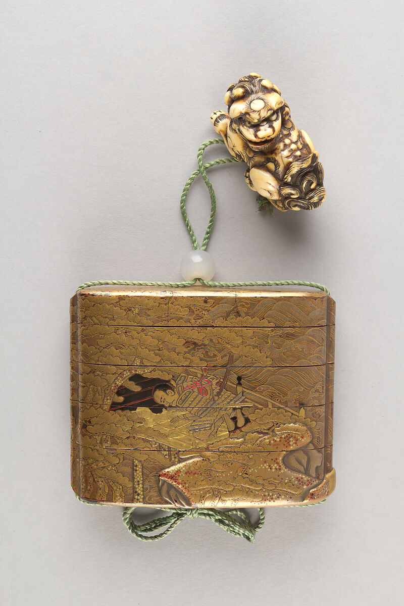 Case (Inrō) with Design of Samurai Kneeling on Bridge among Pines and Waves, Lacquer, nashiji, silver, red, black and gold hiramakie, takamakie and gold foil; Interior: nashiji and fundame, Japan 