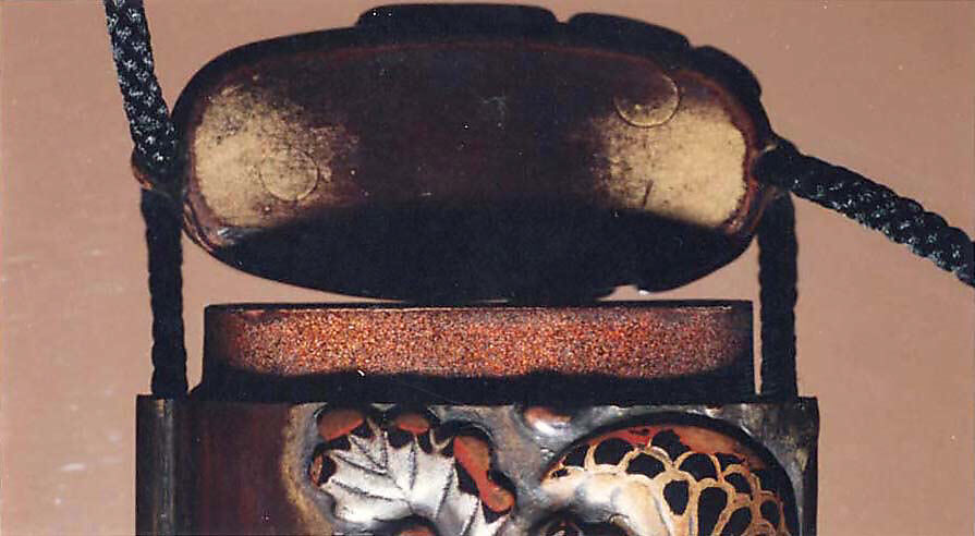Case (Inrō) with Design of Chrysanthemums, Lacquer, dark brown, gold, black, silver and red hiramakie, takamakie; Interior: nashiji and fundame, Japan