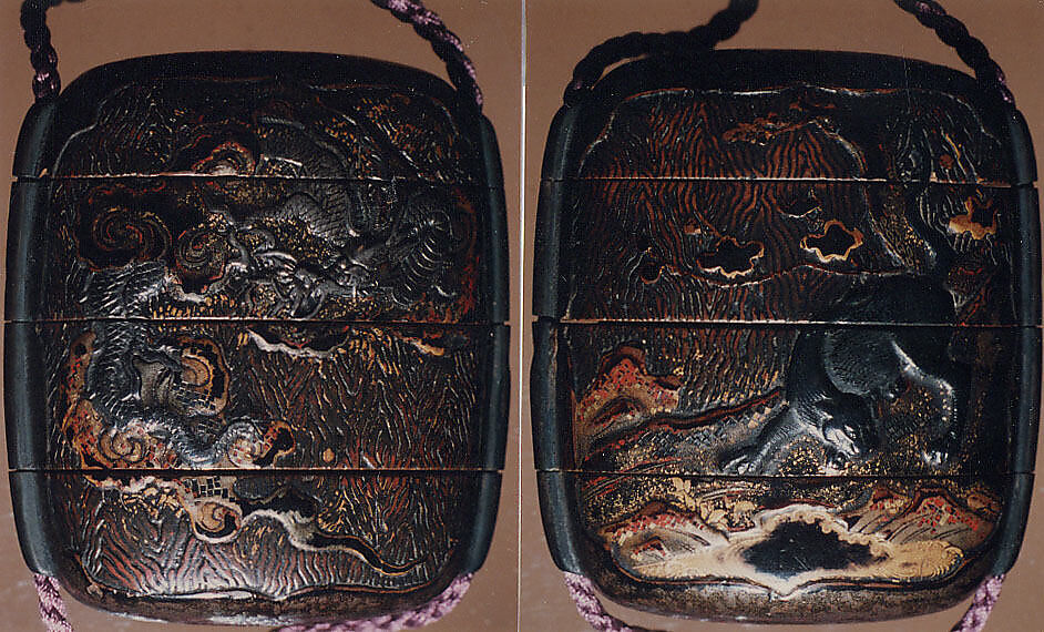 Case (Inrō) with Design of Dragon (obverse); Tiger (reverse), Lacquer, roiro, brown, black, red and gold hiramakie,  applied metal; Interior: nashiji and fundame, Japan 