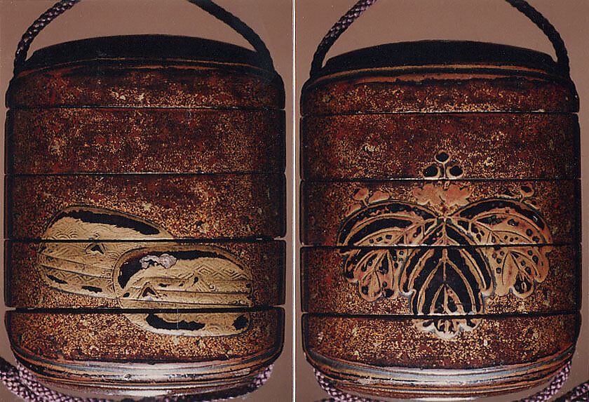 Case (Inrō) with Design of Large Kiri Mon (obverse); Two Brocade Pouches (reverse), Lacquer, dark brown, hirame, nashiji, black, red and gold hiramakie, takamakie; Interior: nashiji and fundame, Japan 