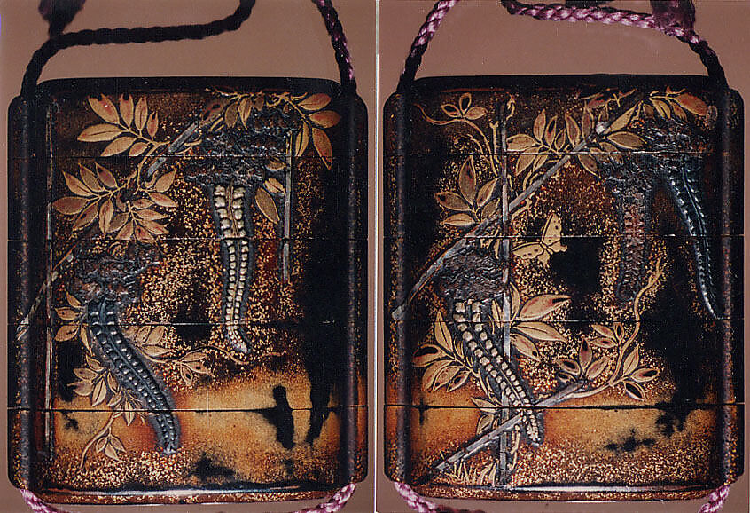 Case (Inrō) with Design of Flowering Wisteria on a Trellis, Lacquer, roiro, nashiji, gold hiramakie, raden, metal inlay; Interior: nashiji and fundame, Japan 