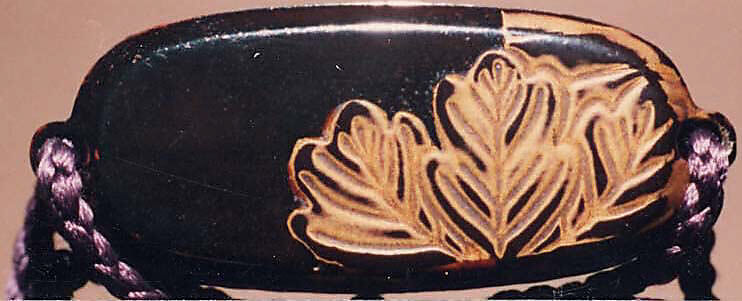 Case (Inrō) with Design of Chrysanthemum and Pawlonia, Lacquer, roiro, black takamakie, rubbed gold hiramakie, raden, metal inlay; Interior: roiro and fundame, two upper cases divided, Japan