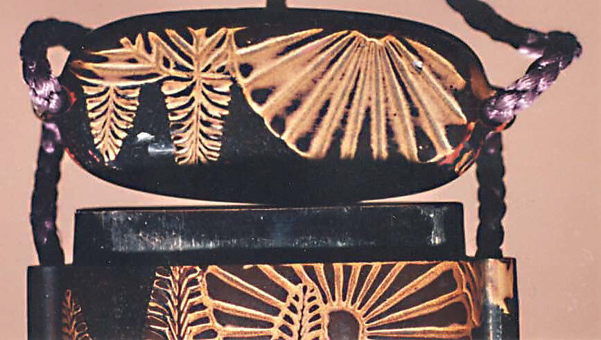 Case (Inrō) with Design of Chrysanthemum and Pawlonia, Lacquer, roiro, black takamakie, rubbed gold hiramakie, raden, metal inlay; Interior: roiro and fundame, two upper cases divided, Japan