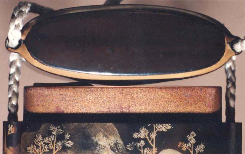 Case (Inrō) with Design of Thatched Hut with Crane, Reeds and Mountains, Lacquer, roiro, gold, silver and red hiramakie, togidashi, nashiji; Interior: roiro and fundame, Japan