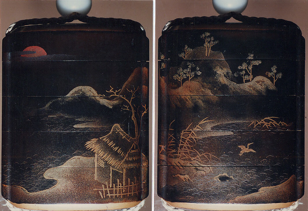 Case (Inrō) with Design of Thatched Hut with Crane, Reeds and Mountains, Lacquer, roiro, gold, silver and red hiramakie, togidashi, nashiji; Interior: roiro and fundame, Japan 