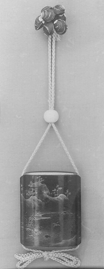 Case (Inrō) with Design of Thatched Hut with Crane, Reeds and Mountains, Lacquer, roiro, gold, silver and red hiramakie, togidashi, nashiji; Interior: roiro and fundame, Japan