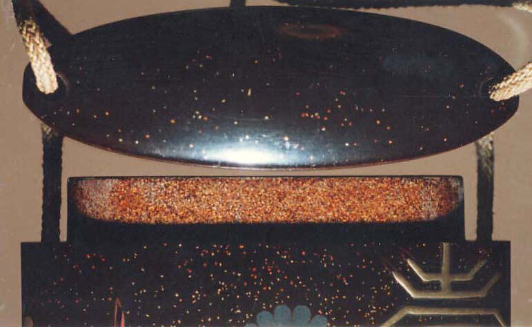 Inrō with Chrysanthemums and Auspicious Characters for Longevity, Three cases; lacquered wood with gold, silver, and red takamaki-e, hiramaki-e, togidashimaki-e on black and nashiji groundNetsuke: piece of coralOjime: ivory bead with lacquer decoration of insects , Japan