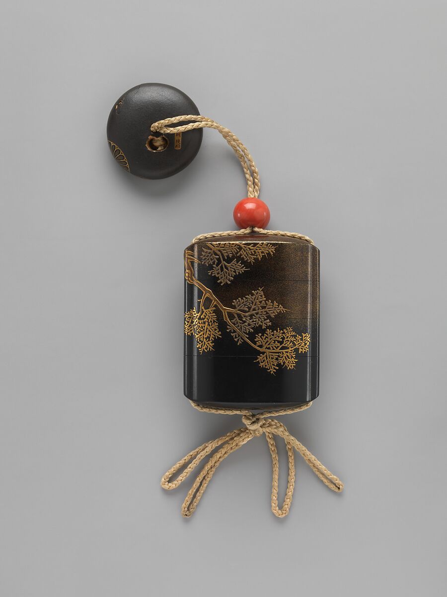 Case (Inrō) with Design of Cicada on Tree Trunk, Case: gold and metal on black lacquer with mother-of-pearl inlay; Fastener (ojime): coral; Toggle (netsuke): lacquer medallion with design of chrysanthemums and the Chinese character for longevity, Japan