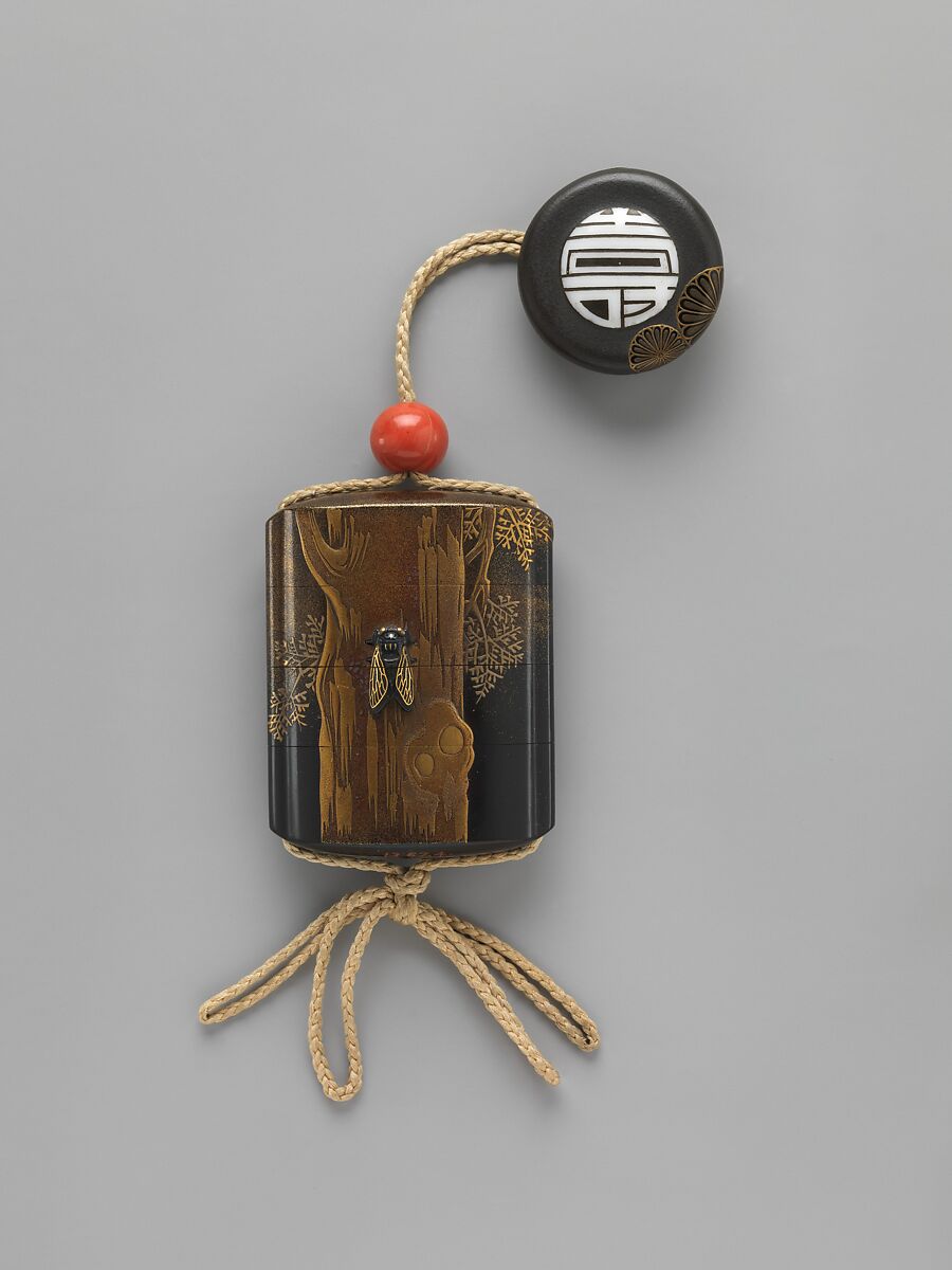 Case (Inrō) with Design of Cicada on Tree Trunk, Case: gold and metal on black lacquer with mother-of-pearl inlay; Fastener (ojime): coral; Toggle (netsuke): lacquer medallion with design of chrysanthemums and the Chinese character for longevity, Japan 