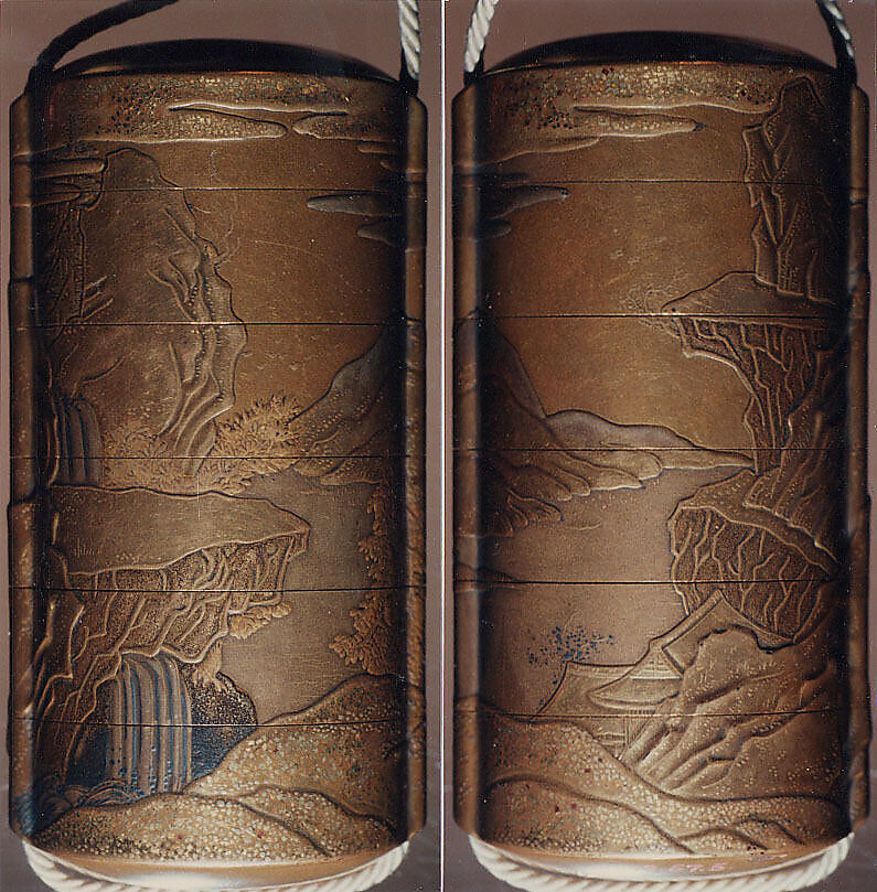 Case (Inrō) with Design of Chinese-Style Landscape with a Building (obverse); Waterfall with Cloud Bands (reverse), Lacquer, fundame, gold, silver and black hiramakie, takamakie, kirigane; Interior: nashiji and fundame, Japan 