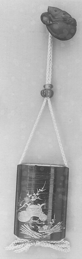 Case (Inrō) with Object from the Noh drama "Hachinoki", Gold lacquer inlaid with mother-of-pearl on a black lacquer ground
Ojime: Amber bead in shape of a vase
Netsuke: Boxwood carved with "mother and child" mice and an eggplant, Japan