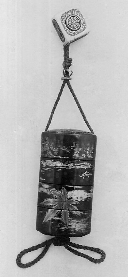 Case (Inrō) with Design of Maple Leaves beside Inscriptions, Kajikawa School, Lacquer, cherry bark, gold hiramakie; Interior: plain and roiro, Japan