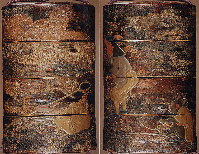 Case (Inrō) with Design of Monkey Trainer and Seated Monkey on Leash (obverse); Bundle, Hat, Sticks and Staff (reverse), Lacquer, cherry bark, gold and colored hiramakie, takamakie; Interior: plain and fundame, Japan