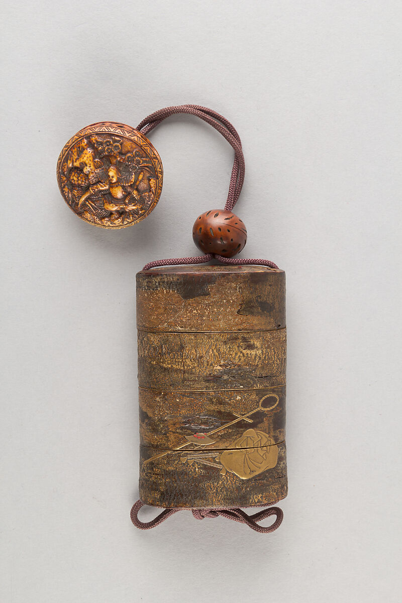 Case (Inrō) with Design of Monkey Trainer and Seated Monkey on Leash (obverse); Bundle, Hat, Sticks and Staff (reverse), Lacquer, cherry bark, gold and colored hiramakie, takamakie; Interior: plain and fundame, Japan