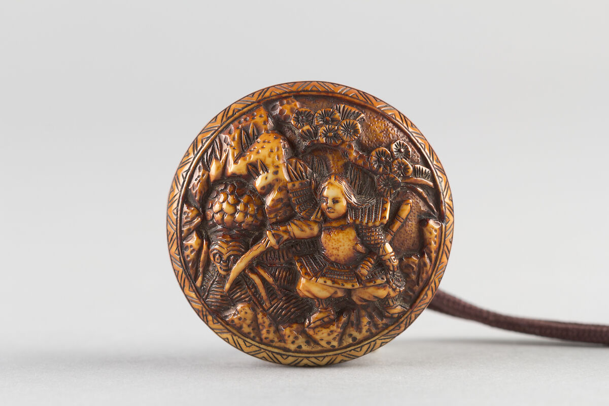 Case (Inrō) with Design of Monkey Trainer and Seated Monkey on Leash (obverse); Bundle, Hat, Sticks and Staff (reverse), Lacquer, cherry bark, gold and colored hiramakie, takamakie; Interior: plain and fundame, Japan