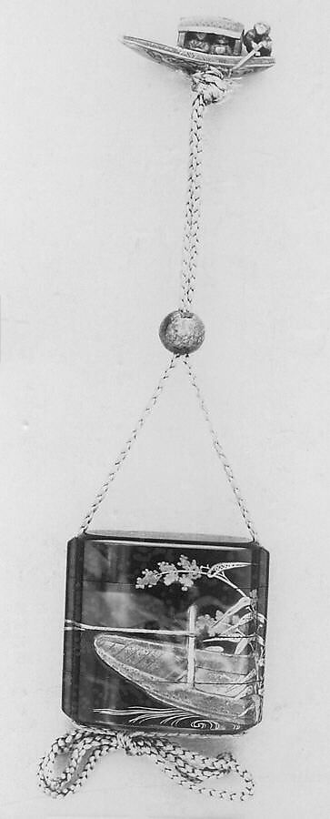 Case (Inrō) with Design of Two Persons with Wide Hats Pulling a Boat (obverse); Boat with Flowering Plants (reverse), Lacquer, roiro, gold, silver and brown hiramakie, takamakie, pewter inlay; Interior: nashiji and fundame, Japan