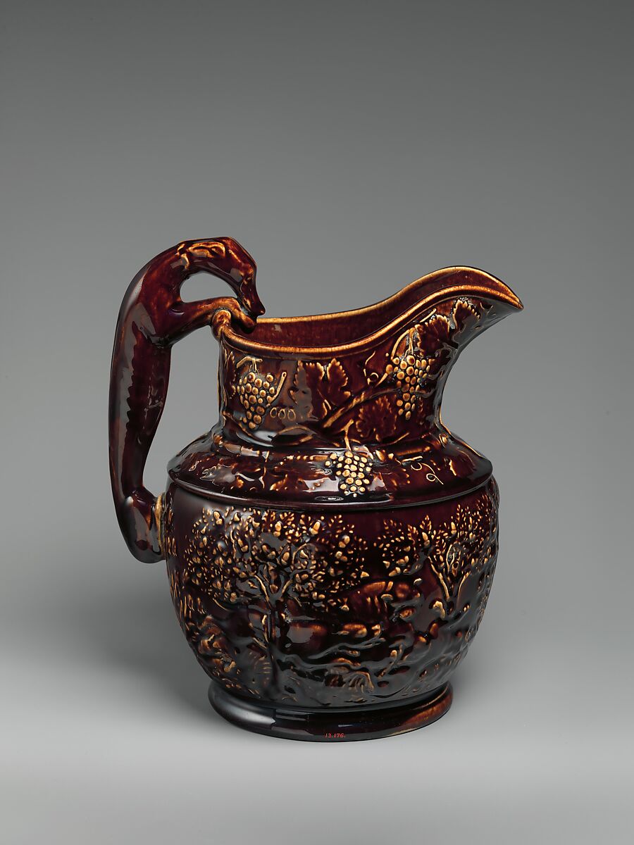 Pitcher, United States Pottery Company (1852–58), Mottled brown earthenware, American