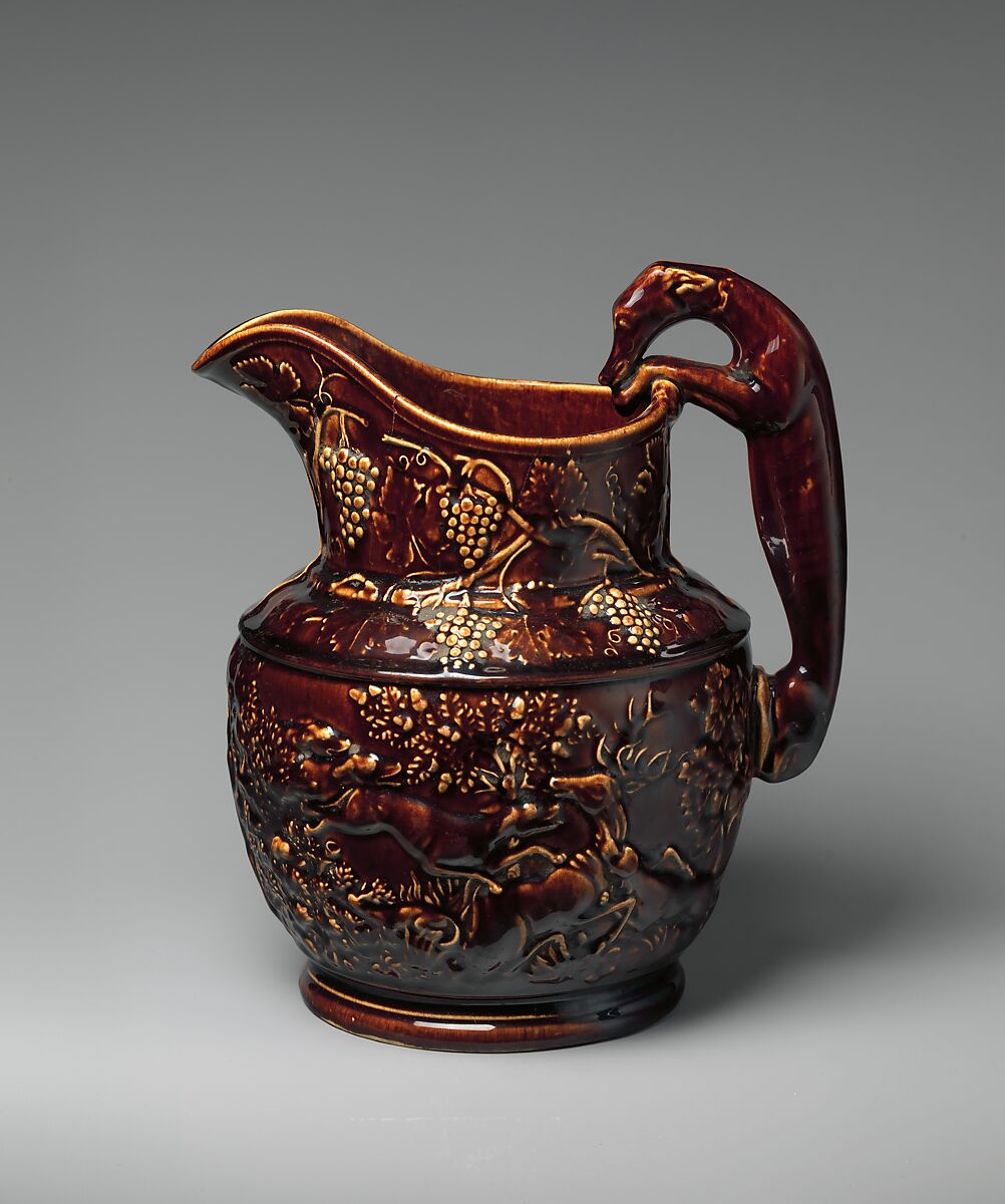 Pitcher, United States Pottery Company (1852–58), Mottled brown earthenware, American 