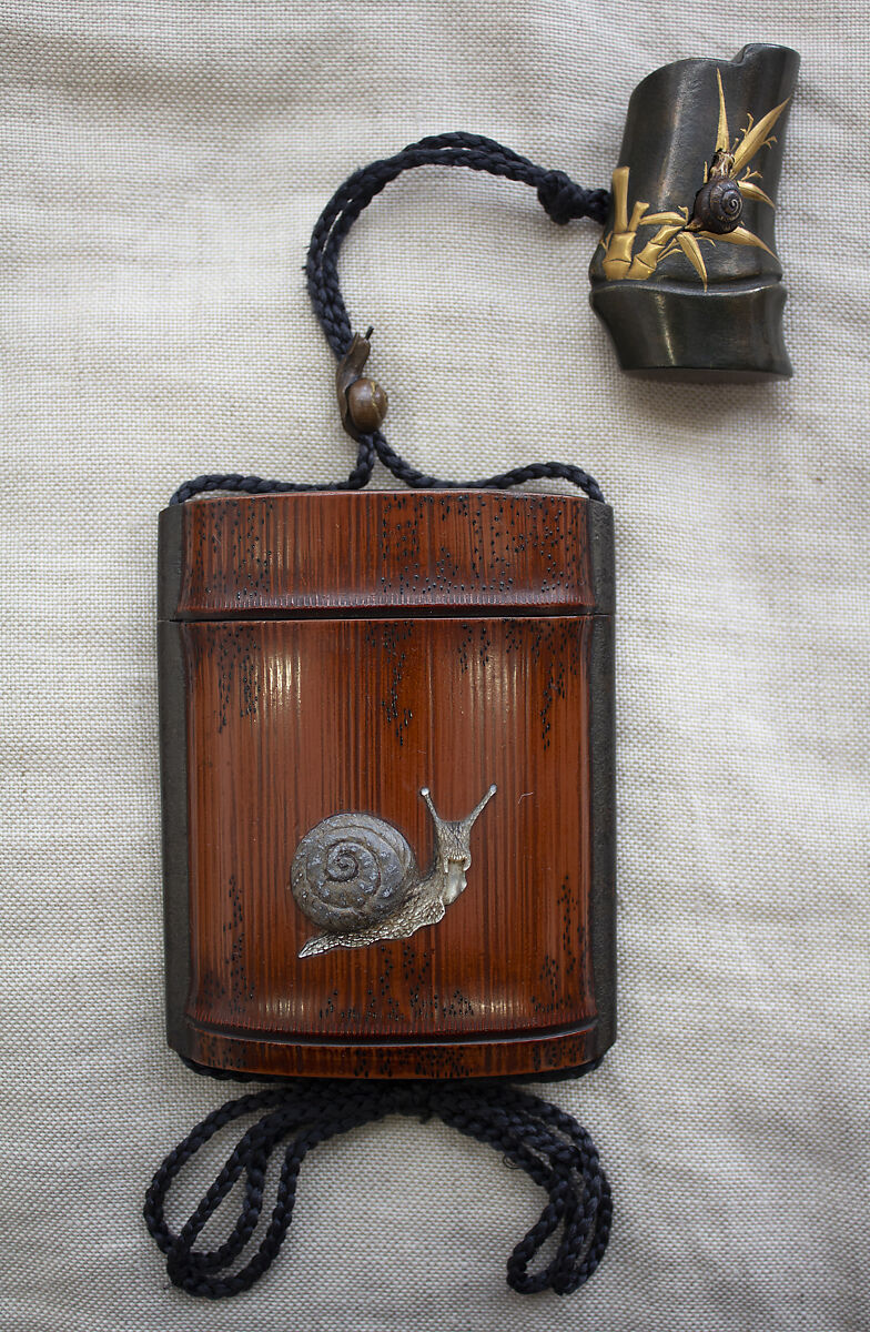 Inrō with Snail on Bamboo (obverse) and Poem (reverse), Ganbun (Japanese, active until 1870s), Single case; lacquered wood imitating bamboo with pewter and silver inlay and gold hiramaki-e Netsuke: bamboo; lacquered wood with gold hiramaki-e and stained ivory inlay Ojime: snail; copper, Japan 