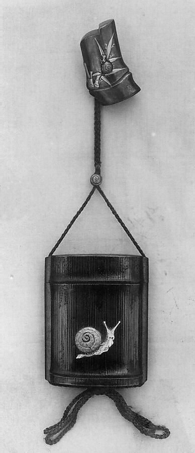Inrō with Snail on Bamboo (obverse) and Poem (reverse), Ganbun (Japanese, active until 1870s), Single case; lacquered wood imitating bamboo with pewter and silver inlay and gold hiramaki-e Netsuke: bamboo; lacquered wood with gold hiramaki-e and stained ivory inlay Ojime: snail; copper, Japan