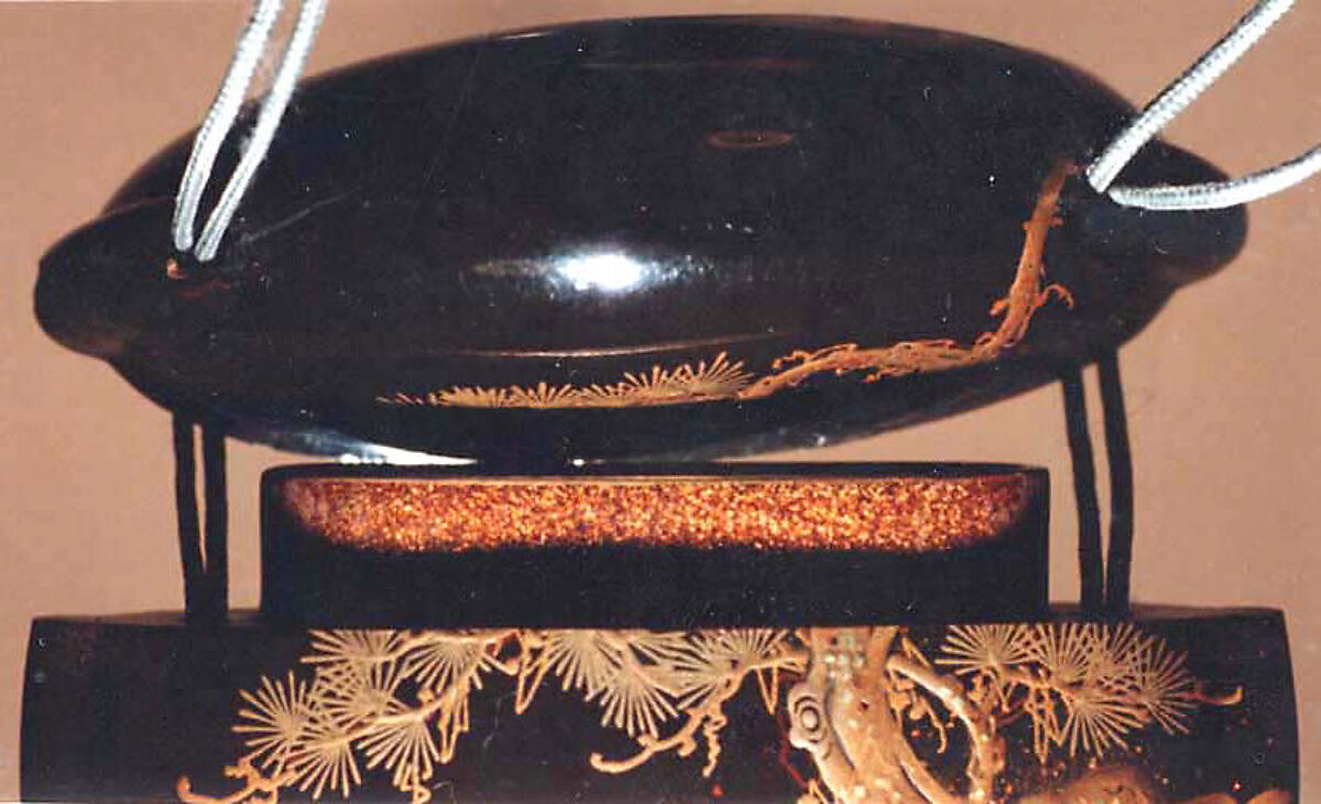 Inrō with Tiger Drinking from a River beside Rocks and Pine Tree, Two cases; lacquered wood with gold and silver togidashimaki-e, hiramaki-e, takamaki-e, cut-out gold foil application on black groundNetsuke: bat; carved walrus ivoryOjime: coral bead, Japan