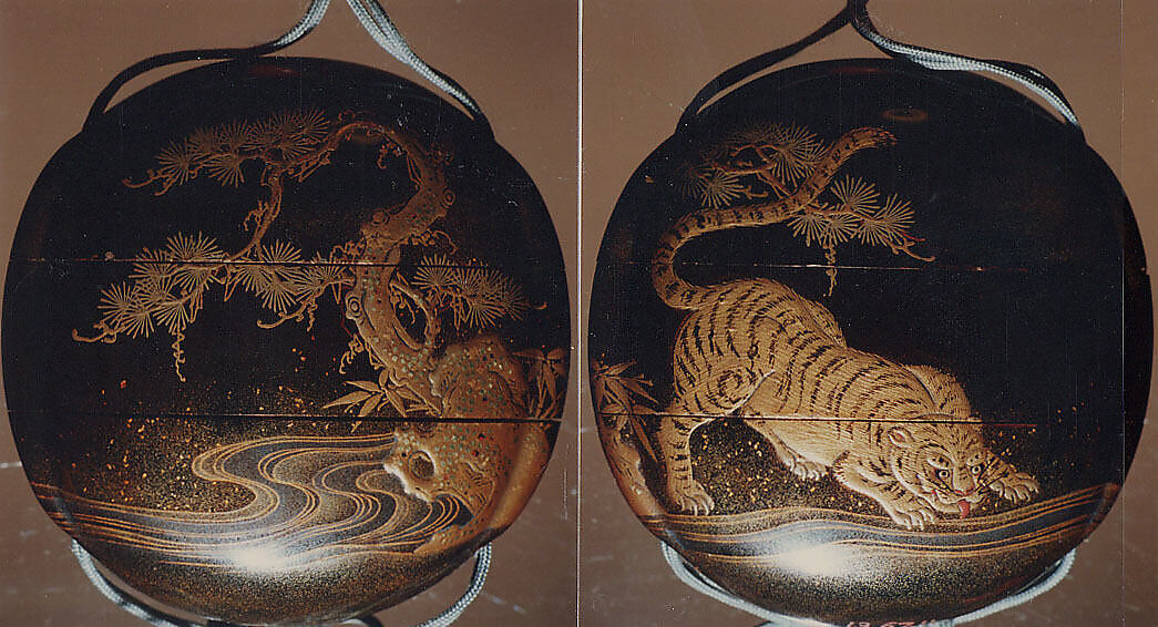 Inrō with Tiger Drinking from a River beside Rocks and Pine Tree, Two cases; lacquered wood with gold and silver togidashimaki-e, hiramaki-e, takamaki-e, cut-out gold foil application on black groundNetsuke: bat; carved walrus ivoryOjime: coral bead, Japan 