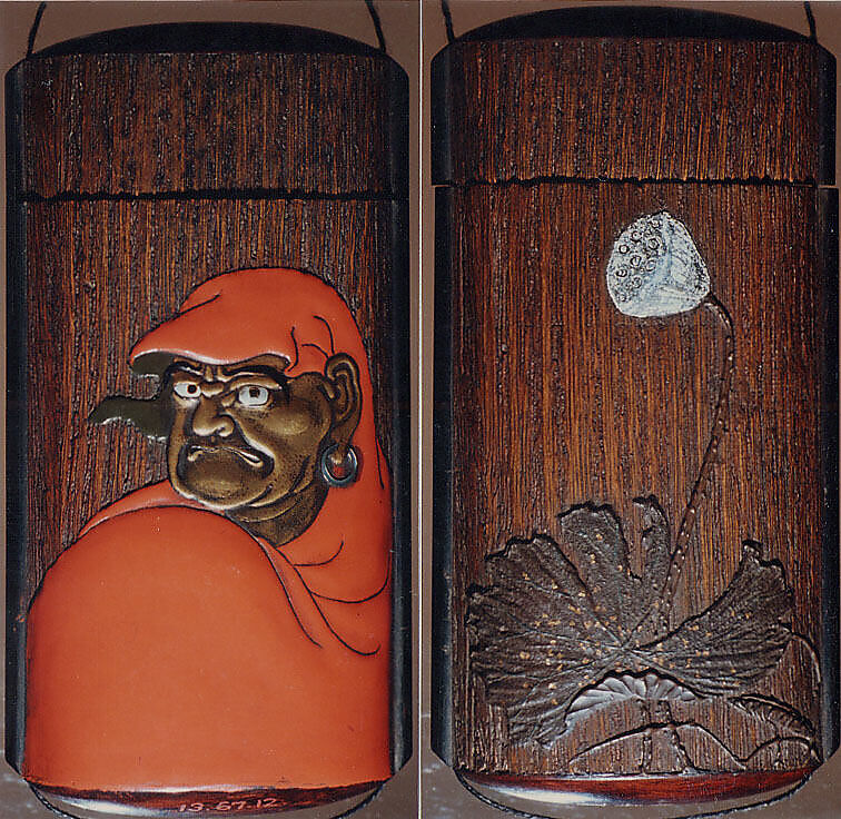 Case (Inrō) with Portrait of Daruma (obverse); Large Lotus Leaf and Stalk with Seed Pod (reverse), Brown wood, gold, brown and red hiramakie, pewter inlay, inlaid eyes; Interior: plain, covered box, Japan 