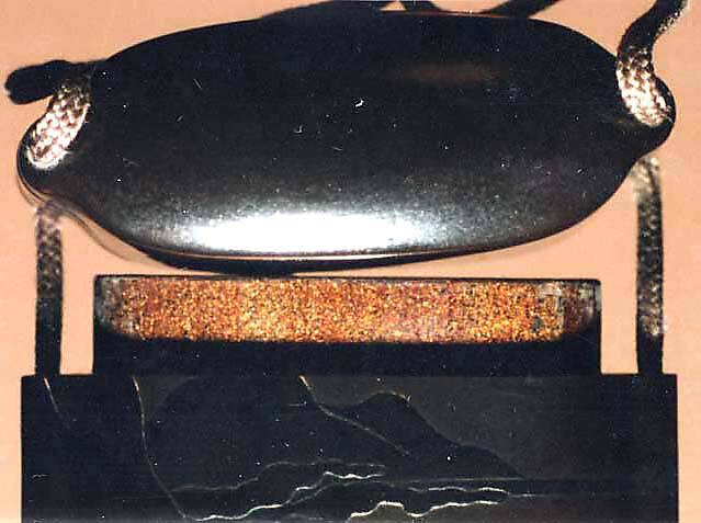 Inrō with Chinese Landscape in Moonlight, Four cases; lacquered wood with blackand brown togidashimaki-e, hiramaki-e, takamaki-e, metal inlay, and mother-of-pearl application on black groundNetsuke: Sanbasō dancer; carved boxwoodOjime: stone bead, Japan