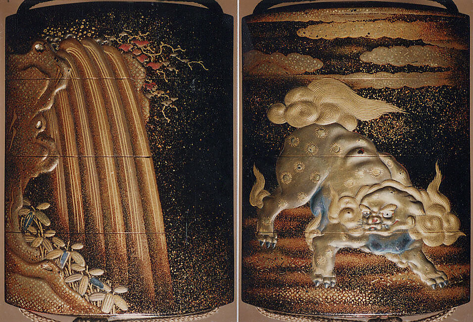 Case (Inrō) with Design of Lion (obverse);  Waterfall (reverse), Lacquer, roiro, nashiji, gold, silver, black and red hiramakie, togidashi; Interior: nashiji and fundame, Japan 