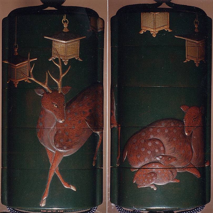 Case (Inrō) with Design of Deer and Lanterns at Kasuga Shrine, Yamada School, Gold and silver maki-e and pewter on dark green lacquer
Ojime: Coral bead
Netsuke: Carved wood in shape of mouse on mushroom, Japan 