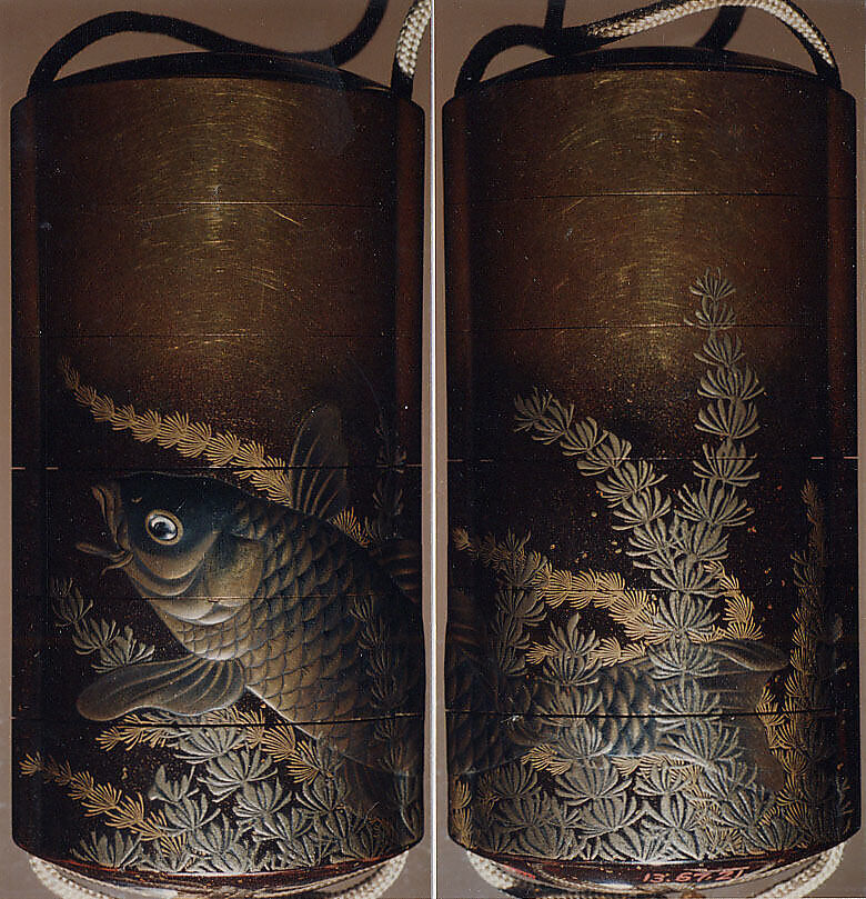 Case (Inrō) with Design of Large Carp Swimming among Seaweeds, Lacquer, kinji, gold, silver and black hiramakie, takamakie and nashiji; Interior: nashiji and fundame, Japan 