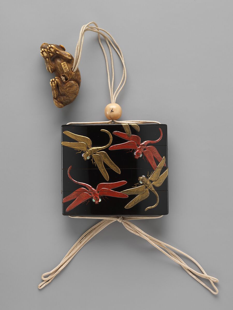 Inrō with Dragonflies, Kōami Nagataka (Japanese, active second half of the 18th century), Three cases; lacquered wood with gold, red lacquer takamaki-e, hiramaki-e with mother-of-pearl inlay on black lacquer ground; Netsuke: carved ivory; dog; Ojime: carved ivory; persimmon, Japan