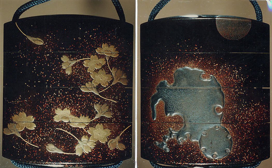 Case (Inrō) with Design of Scattered Cherry Blossoms (obverse); Snow Roundels (reverse), Lacquer, roiro, gold and silver hiramakie, takamakie, togidashi; Interior: nashiji and fundame, Japan 