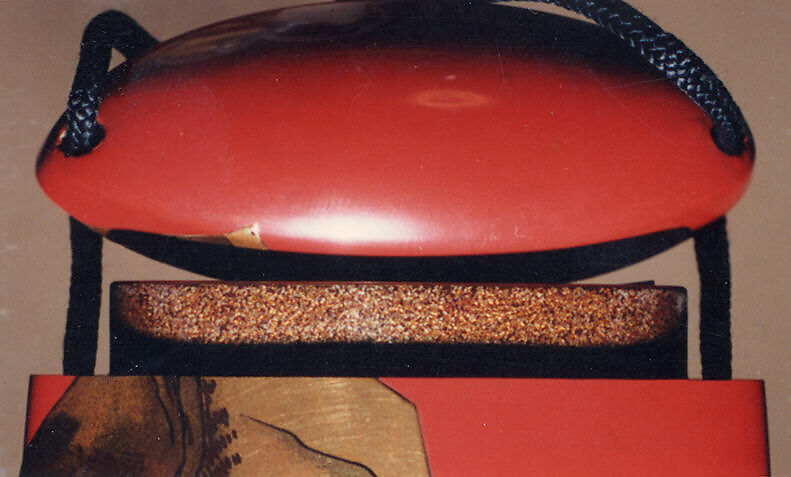 Inrō with Inrō and Fan, Koma Kyūhaku V (Japanese, died 1794), Four cases; lacquered wood with gold, black, red lacquer takamaki-e, hiramaki-e, tgidashimaki-e on red lacquer ground; Netsuke: carved ivory; beans; Ojime: metal bead with insects, Japan