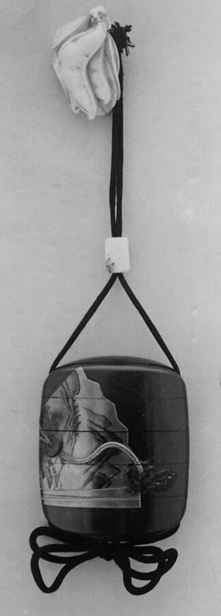 Inrō with Inrō and Fan, Koma Kyūhaku V (Japanese, died 1794), Four cases; lacquered wood with gold, black, red lacquer takamaki-e, hiramaki-e, tgidashimaki-e on red lacquer ground; Netsuke: carved ivory; beans; Ojime: metal bead with insects, Japan