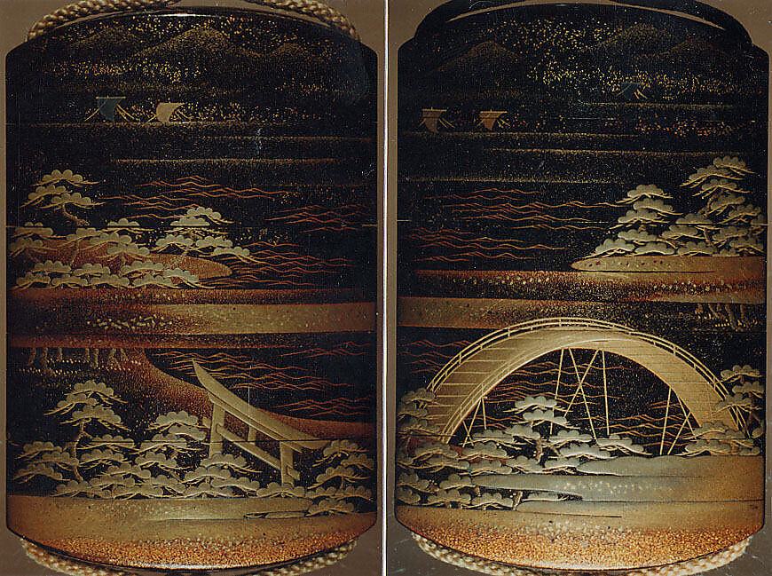 Case (Inrō) with Landscape Design of Sumiyoshi Shrine, Kyūho (Japanese, active 1789–1801), Gold maki-e with black lacquer
Ojime: metal or lacquered bead
Netsuke: ivory carved with design of chrysanthemum and waves, Japan 