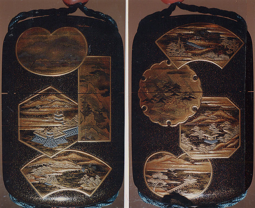 Case (Inrō) with Panels Depicting Eight Views of Lake Biwa (Ōmi Hakkei), Lacquer, roiro, gold, silver and black hiramakie, nashiji, togidashi; Interior:  gyobu nashiji and fundame, Japan 