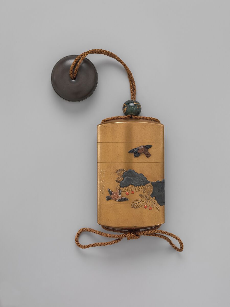 Inrō with Sparrows in Snow-covered Nandina, Hara Yōyūsai (Japanese, 1772–1845), Lacquer with gold and silver makie, coral, and applied stained ivory
Ojime: bead with stylized medallions; green stone with gold makie lacquer 
Netsuke: round box with iris design, Japan