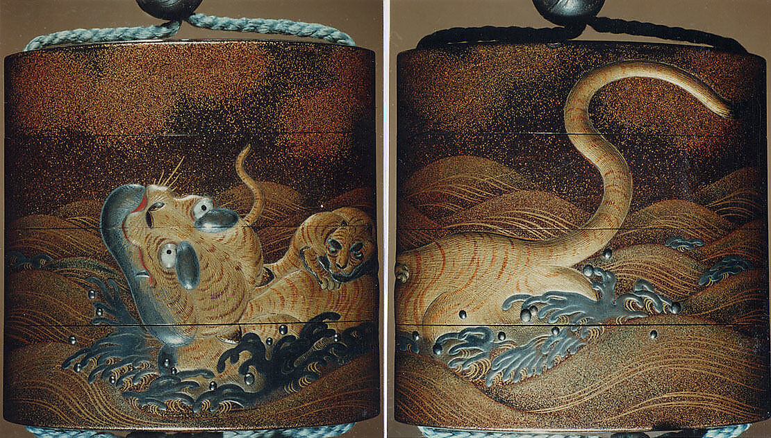 Case (Inrō) with Design of Tigers Swimming, Lacquer, mura nashiji, gold, silver, black and red hiramakie, takamakie, raden; Interior: red lacquer and fundame, Japan 