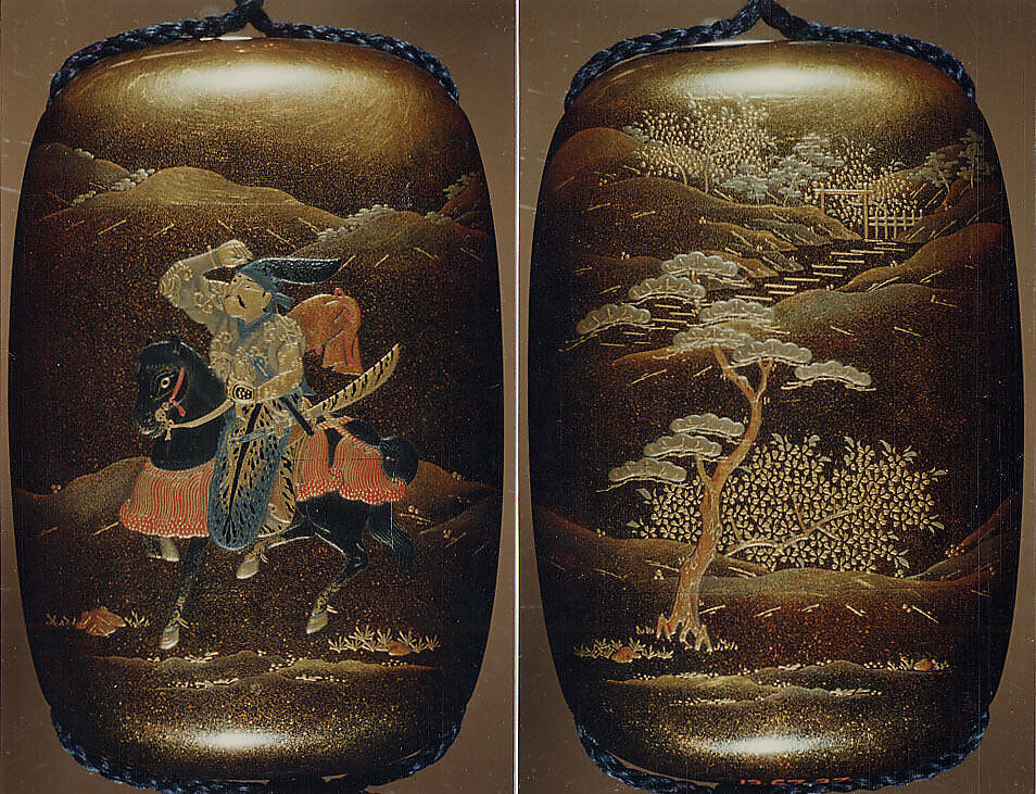 Case (Inrō) with Design of Courtier on Horseback (obverse); Landscape with Trees (reverse), Lacquer, fundame, nashiji, gold and colored hiramakie, takamakie; Interior: nashiji and fundame, Japan 