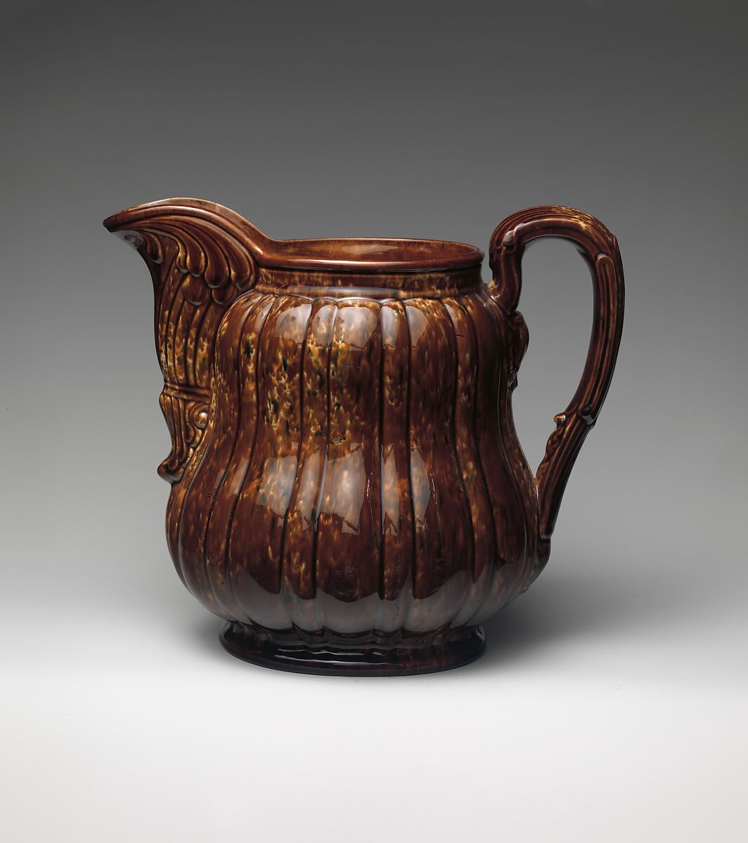 Pitcher, Probably United States Pottery Company (1852–58), Mottled brown earthenware, American 