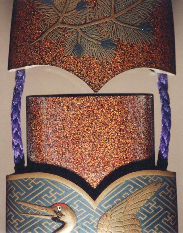 Case (Inrō) with Design of Long-Haired Turtles (obverse);  Stork with Pine  Sprigs (reverse), Lacquer, nashiji, gold, blue, black and red hiramakie, takamakie, inlaid eye; Interior: nashiji and fundame, Japan