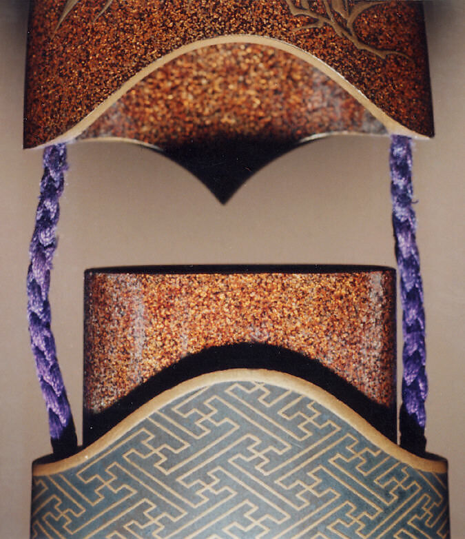 Case (Inrō) with Design of Long-Haired Turtles (obverse);  Stork with Pine  Sprigs (reverse), Lacquer, nashiji, gold, blue, black and red hiramakie, takamakie, inlaid eye; Interior: nashiji and fundame, Japan