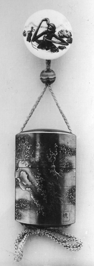 Case (Inrō) with Design of Pine Trees and Snow, Lacquer, kinji, black, brown and gold hiramakie, takamakie, kirigane; Interior: nashiji and fundame, Japan