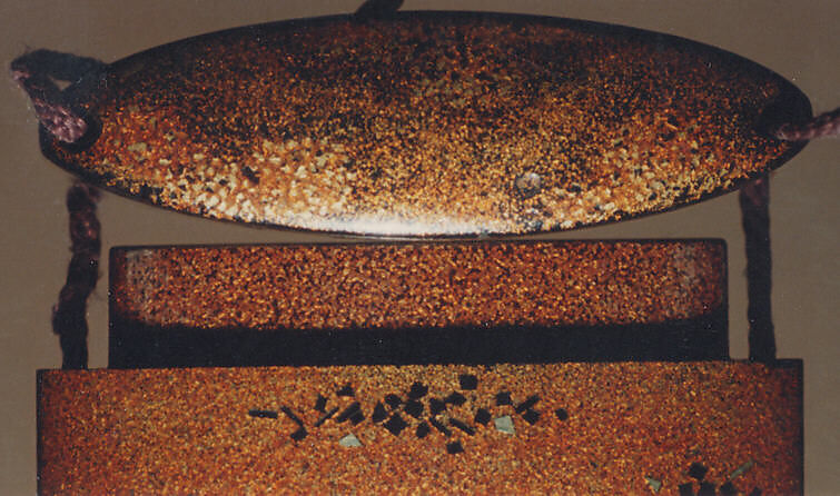 Case (Inrō) with Design of Chrysanthemums (obverse); Chinese Characters for Long Life (reverse), Lacquer, nashiji, gold and silver hiramakie, kirigane; Interior: nashiji and fundame, Japan