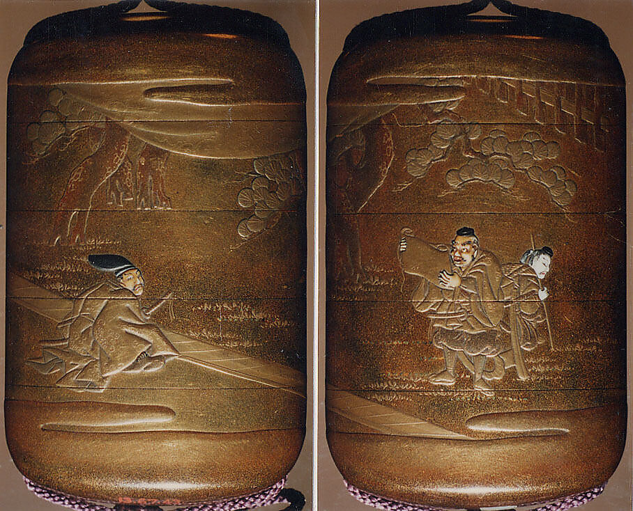 Case (Inrō) with Benkei and Yoshitsune Disguised on the Flight to Ōshū, Lacquer, kinji, gold, silver and brown hiramakie, takamakie, stained ivory inlay; Interior: nashiji and fundame, Japan 