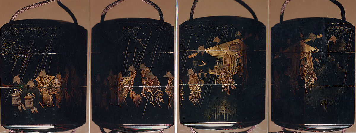 Case (Inrō) with Design of Fox Wedding Procession, Lacquer, roiro, gold and colored togidashi, nashiji; Interior: silver lacquer, roiro and fundame, Japan 