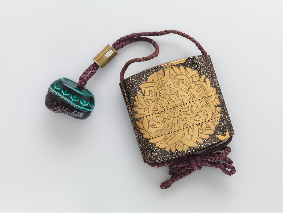 Inrō with “Chrysanthemum Youth” (Kikujidō), Three cases; lacquered wood with togidashimaki-e imitating ink painting (togikirimaki-e) on gold and black lacquer groundNetsuke: purple and green ceramic shishi (Chinese lion)Ojime: inlaid metal with fruit basket , Japan