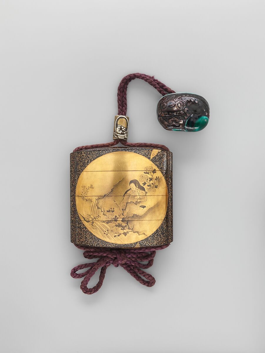 Inrō with “Chrysanthemum Youth” (Kikujidō), Three cases; lacquered wood with togidashimaki-e imitating ink painting (togikirimaki-e) on gold and black lacquer groundNetsuke: purple and green ceramic shishi (Chinese lion)Ojime: inlaid metal with fruit basket , Japan 