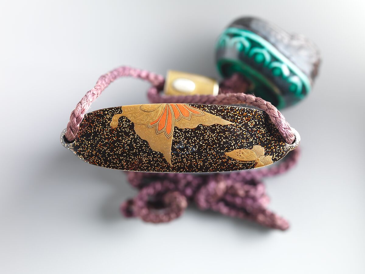 Inrō with “Chrysanthemum Youth” (Kikujidō), Three cases; lacquered wood with togidashimaki-e imitating ink painting (togikirimaki-e) on gold and black lacquer groundNetsuke: purple and green ceramic shishi (Chinese lion)Ojime: inlaid metal with fruit basket , Japan